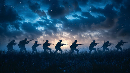 Fototapeta premium Silhouettes of Soldiers Advancing Under a Starlit Night Sky