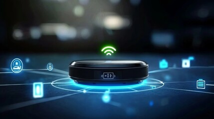 Glowing Floating Robotic Vacuum with Wireless Connectivity Symbol Above It