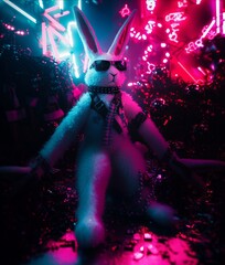 Fototapeta premium Close-up of a plush white easter bunny wearing a black studded leather collar, leash, and sunglasses, , surrounded by bright neon lights and eggs with latex surface. - Generative AI