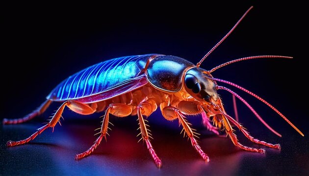 Vibrant neon cockroach captured in striking detail against a dark background - Powered by Adobe