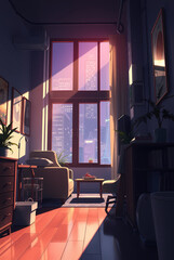 Fototapeta premium Luxurious High-Rise Apartment Living Room With Cityscape View