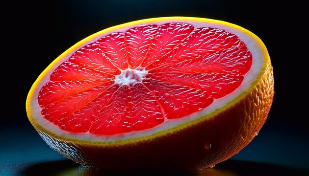 Bright grapefruit showcases vibrant colors under neon lighting in a dark setting