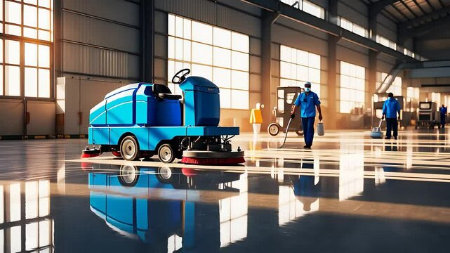 Industrial Floor Cleaning with Scrubber Machine and Workers in Large Warehouse with Sunlight Streaming Through Windows

