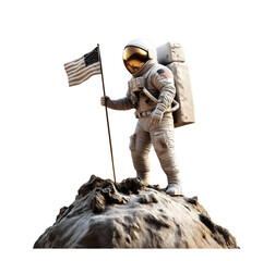 An astronaut plants the US flag on a rocky summit (transparent background).