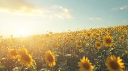 Fototapeta premium Sunlit Sunflower Field Under Clear Blue Sky at Golden Hour