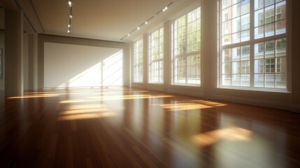 Fototapeta premium Sunlit Empty Gallery Space: A Modern Architectural Interior with Hardwood Floor and Large Windows