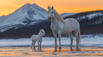 White horses on frozen lake at sunset, mountains background