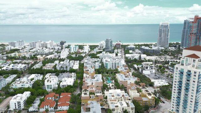 Aerial view on beach in Miami Beach. Paradise. South Pointe Park and Pier. Top view on South Miami Beach from drone. Ocean drive, Collins avenue.