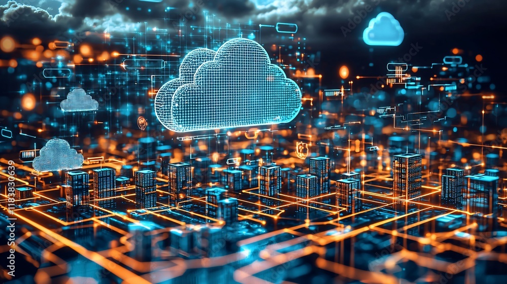 Poster Digital city with glowing network and cloud computing.