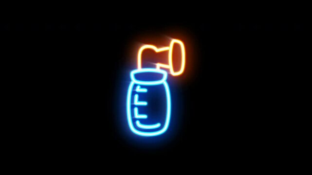 The blinking neon light of a public information icon on a black background.