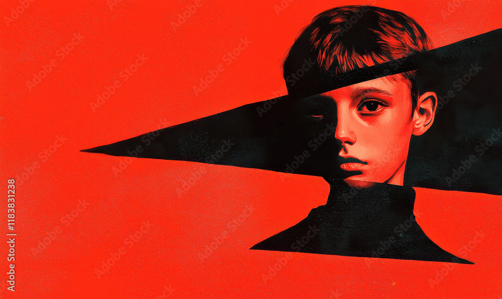 Poster surreal portrait of a boy with bold red and black color scheme