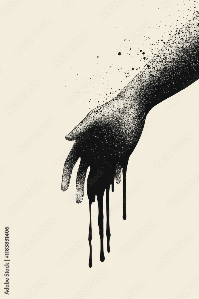 Poster monochromatic dripping hand with splatter effect on minimalist cream background