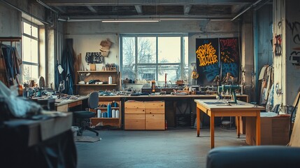 Fototapeta premium Spacious, cluttered workshop interior with tools, materials, and workbenches.