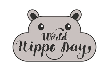 World Hippo Day hand drawn calligraphy lettering. February 15 White background. Flat design vector