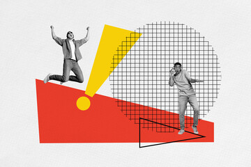 Sketch image trend artwork montage 3D collage of team friends relax excited jump exclamation symbol...