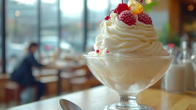 sundae ice cream with whip cream and perfect add ons on top of it