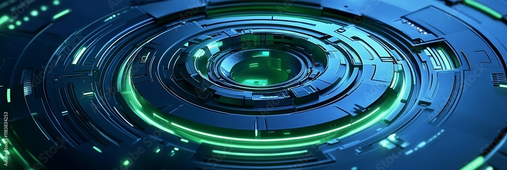 Aufkleber abstract futuristic technology background with glowing green lines and circular metallic structures.