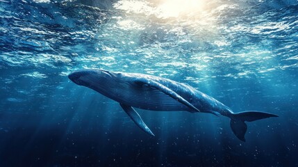Obraz premium A blue whale swimming near the ocean's surface.