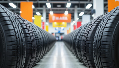 Neatly aligned snow tires in retail showroom under bright lights, winter readiness