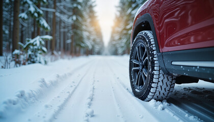 SUV with snow tire on forest trail at dawn, winter readiness