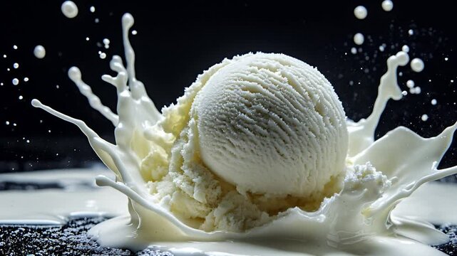 Dynamic Vanilla Ice Cream with Milk Splash Effect and Smooth Creamy Texture