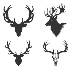 Naklejka premium Deer Head and Antler Silhouettes Vector Illustration Set