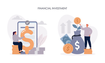 Financial Investment Concept. Set of People Character Investing Money for Personal Finance Management and Financial Literacy Concept