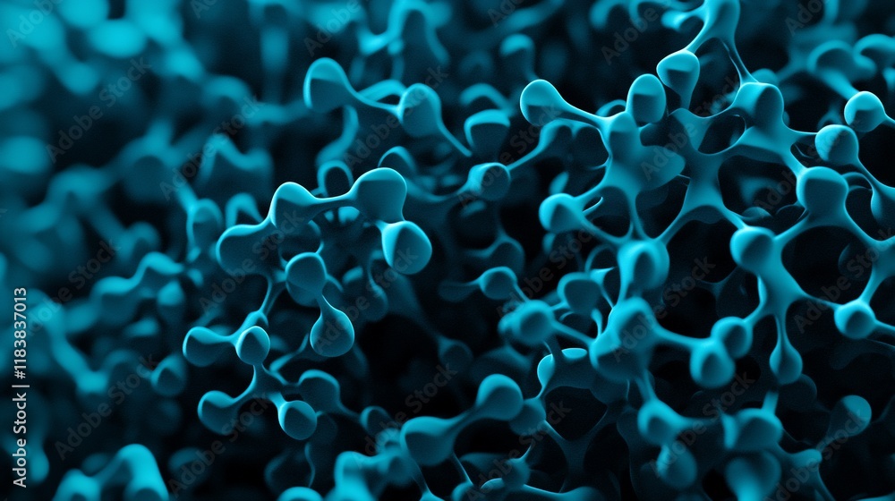 Poster abstract teal blue 3d rendering of interconnected nodes, resembling a molecular structure or network