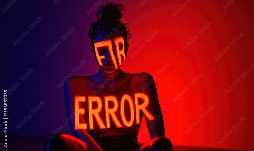 Poster moody conceptual portrait with red and blue fatal error typography