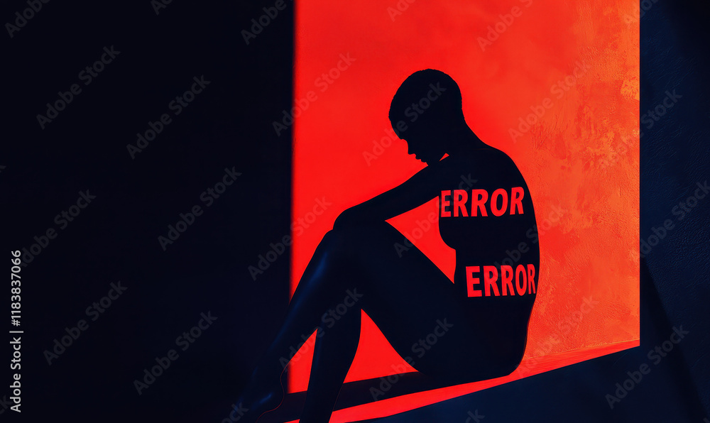 Poster silhouette with error messages against bold red and black contrast