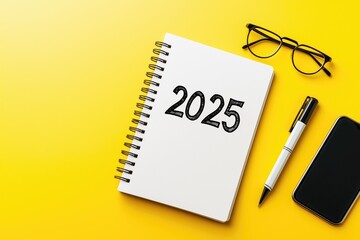 A notebook with the numbers 2025 with a pen, glasses, smartphone on yellow background with copy space View from above Suitable for a to-do list wishes or for New Year's goals and resolutions for 2025
