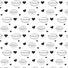 Seamless pattern with black hearts and lips in black on white background for holidays, valentine's day, wallpapers, wrapping, marketing, packaging
