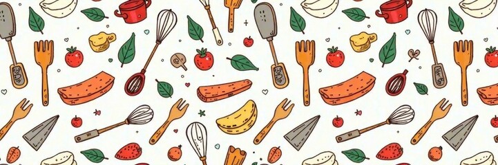 Whimsical kitchen utensil doodles, seamless pattern , seamless pattern, repeat, vintage
