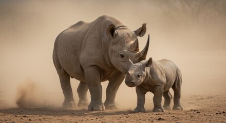 Obraz premium Mother Black Rhinoceros and Calf in Dusty Savanna