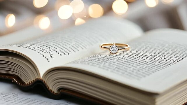 Engagement Ring Hidden in Book with Romantic Lighting