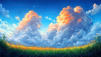 Stunning Landscape: Serene Sunset over Golden Fields and Dramatic Clouds