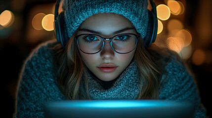 Woman in Knitted Hat and Headphones Focused on Tablet Screen at Night