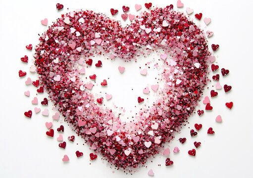 Un grande cuore composto da numerosissimi piccoli cuori scintillanti di diversi colori, principalmente rossi e rosa. su sfondo bianco.