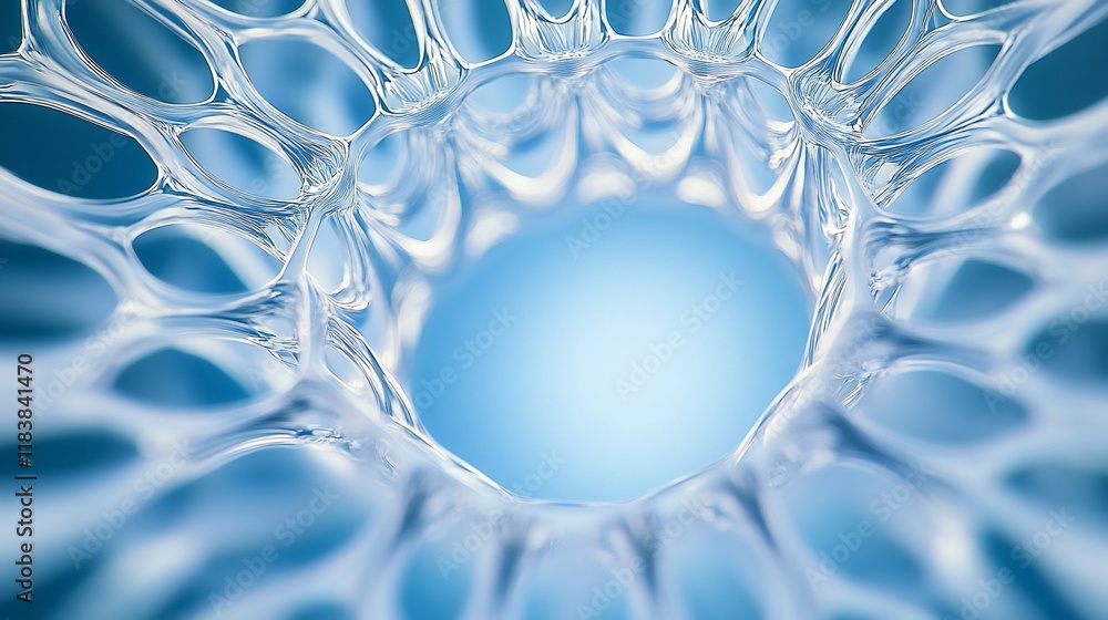 Poster abstract blue 3d render of a translucent, organic network structure with a central void.