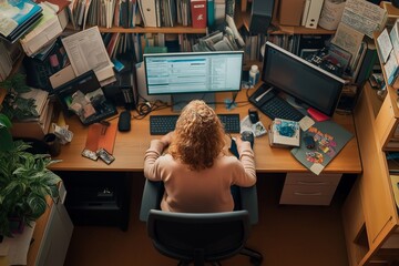 Poor posture at desk highlights health risks associated with sedentary lifestyle in cluttered office environment
