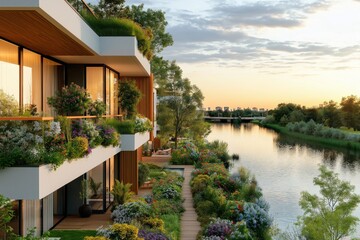 Serene riverside residential complex with cascading terraces and vibrant gardens at sunset
