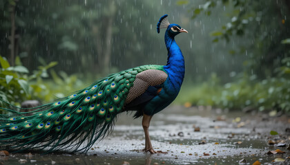 A beautiful peacock dancing in the rain © artmozai