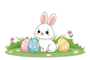 Cute Easter bunny with decorated eggs, Adorable cartoon Easter bunny sitting on grass surrounded by colorful decorated eggs and flowers, perfect for spring or holiday themes. 
