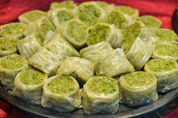 Close Up Shot Of Pistachio Rolls, Classic Turkish Dessert