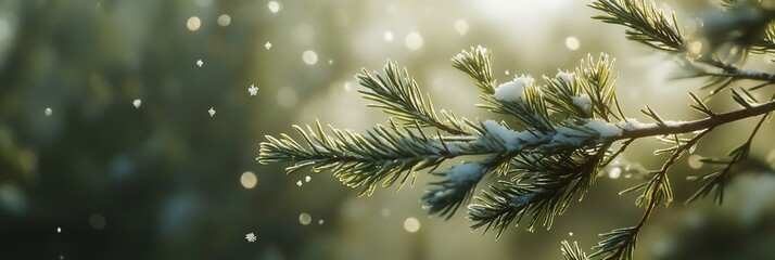 Obraz premium Snow-covered pine branch in winter forest.