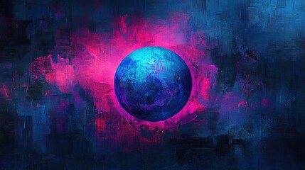 Glowing blue orb in vibrant pink and blue abstract textured background.