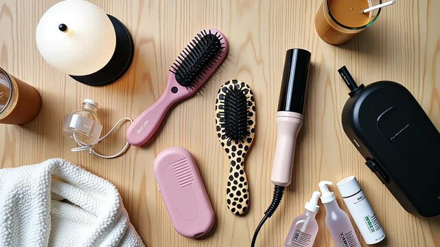 a wooden surface, featuring a collection of hair and beauty tools