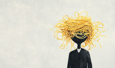 Surreal Art: Person with Spaghetti Hair on Neutral Canvas with Yellow and Black Highlights