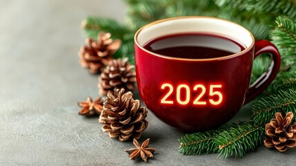 A photostock of a cozy winter table with hot mulled wine, spices, and pinecones, featuring glowing "2025" text for holiday themes. High Quality