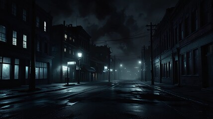dark gloomy city street at night. background for crime. dark foggy abandoned city with glowing light, crime dark background